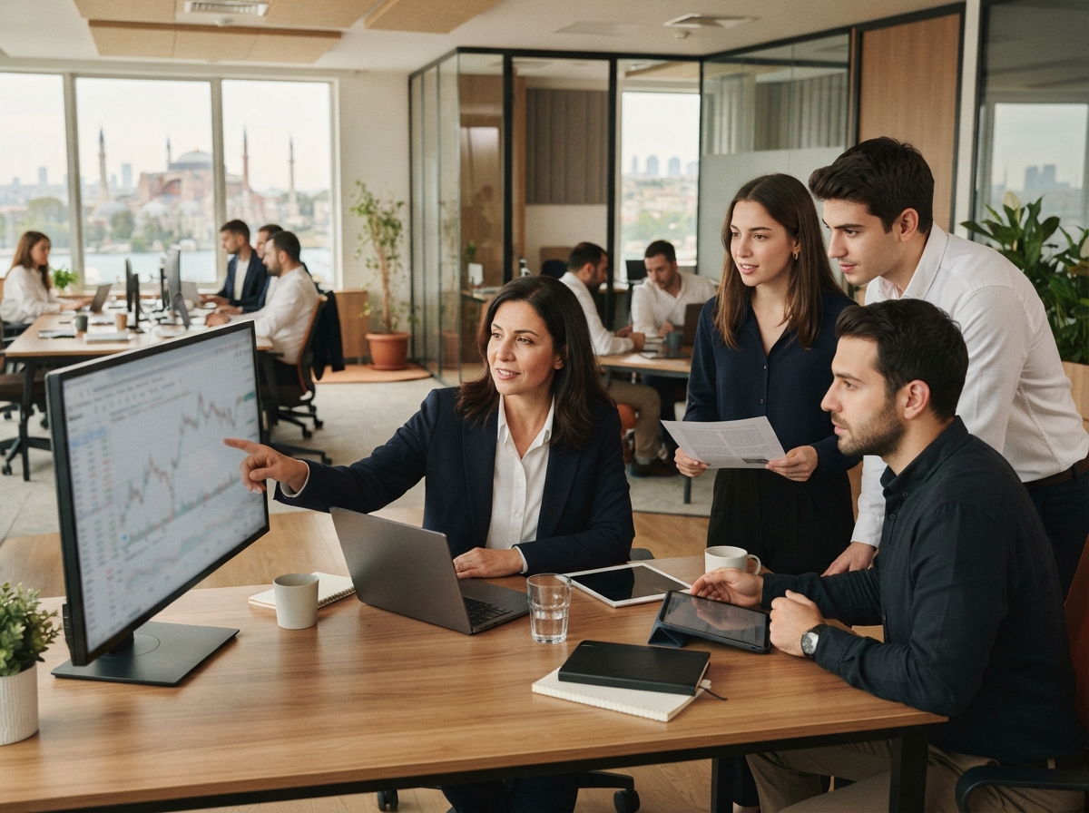 TradeAI team reviewing portfolio data analysis on screen